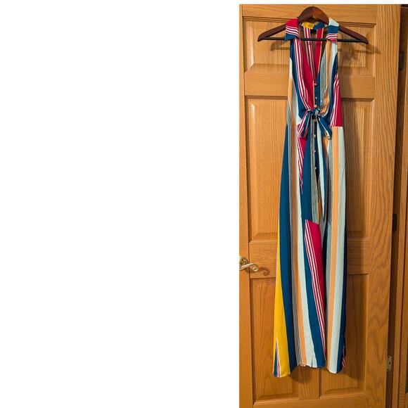 Retro funky Lulumari striped colorful collared button tie front small maxi dress - Picture 5 of 10